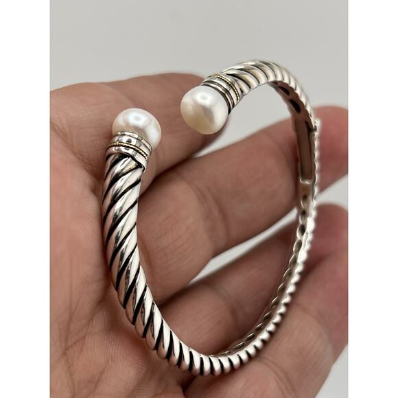 EFFY Sterling Silver 18k Yellow Gold Twisted Pearl Hinged Cuff Bracelet - Picture 16 of 16